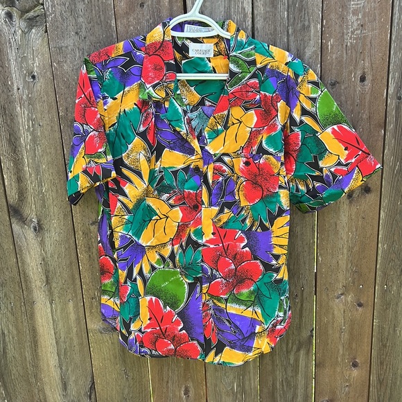 Carriage Court Vintage 80s Bright Floral Print Half Puff Sleeve Button Up Blouse - Picture 4 of 12
